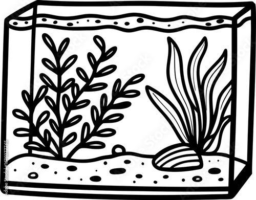 Glass aquarium with aquatic plants, sand, and decorative rocks minimalist hand drawn outline illustration