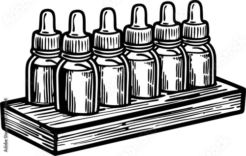 Glass dropper bottles lined up on a wooden tray apothecary, essential oils, tincture concept, vintage hand drawn