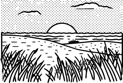 Minimalist seaside sunset with black line wild grass, horizon ocean waves and dotted sky clouds illustration