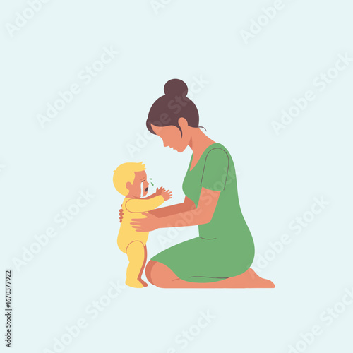 Mother helping baby stand and take first steps.