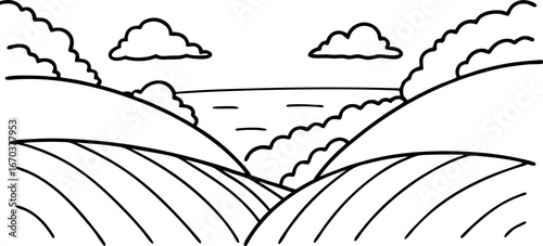 Rolling hills landscape with distant horizon, fluffy clouds, and farmland fields in black and white line art