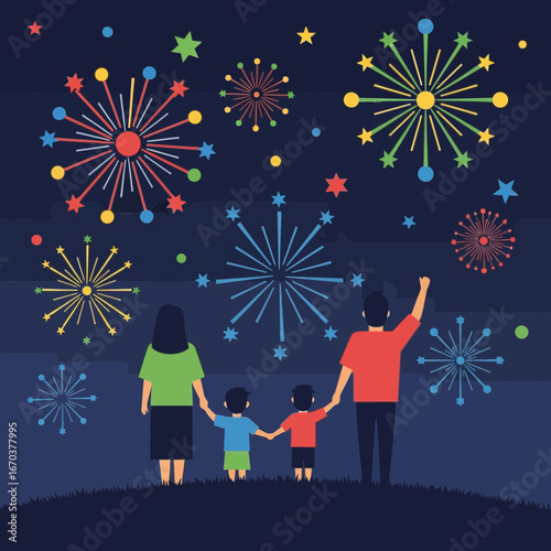 Family watches colorful fireworks explode in the night sky.