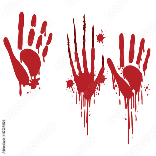 Creepy horror-style bloody palm marks smeared on a clean white wall.