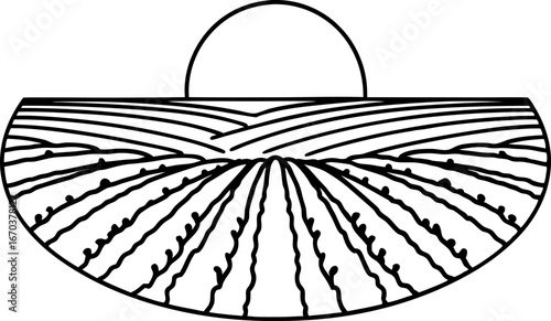 Rural farmland landscape outline with rising sun, cultivated fields, agriculture concept, linear illustration
