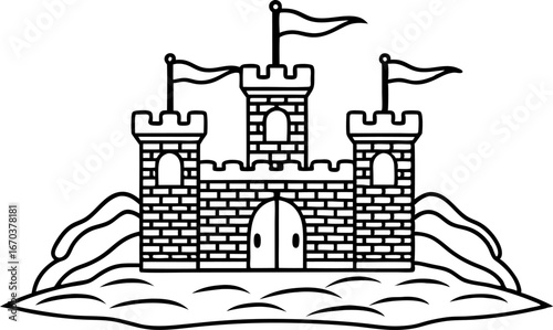 Medieval stone castle outline with towers, flags and gate on hilltop historical fortress architecture illustration