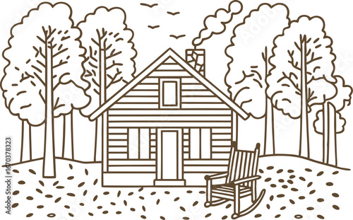 Wooden cabin with smoking chimney, surrounded by trees and rocking chair on autumn ground, tranquil nature scene