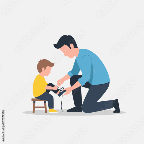 Father tying child's shoe on a stool.