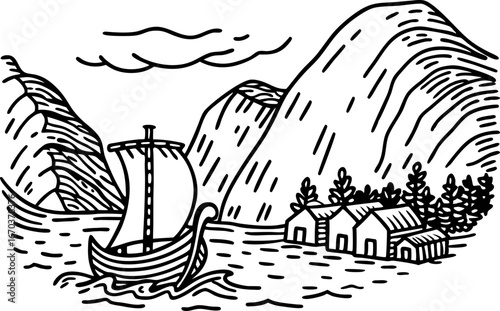 Viking longship arriving at fjord village, mountainous landscape with traditional wooden houses and pine trees