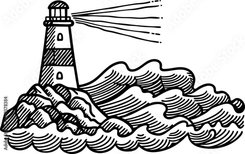 Lighthouse beacon shining over turbulent ocean waves coastal guidance, safety at sea, vintage marine illustration