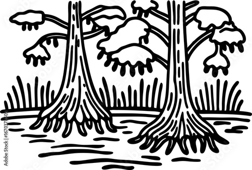 Mangrove trees in wetlands, exposed roots, aquatic ecosystem illustration swamp vegetation, tropical environment