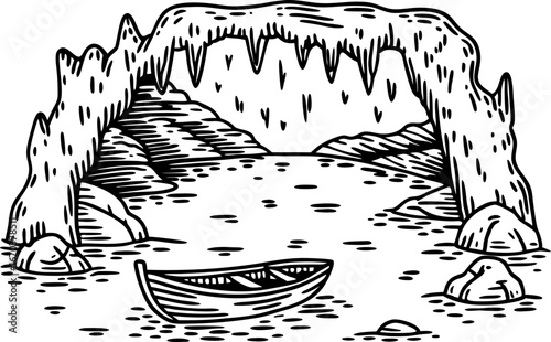 Underground cave with rocky arch, small boat on water, and stalactites adventure exploration scene