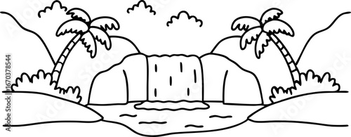 Waterfall oasis with tropical palm trees, mountain landscape, serene river, peaceful nature scene, line art