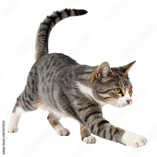 Gray Tabby Cat Prowling with Intense Focus Striking Pose on Isolated Background Ready to Pounce in a Playful Manner with Beautiful Markings