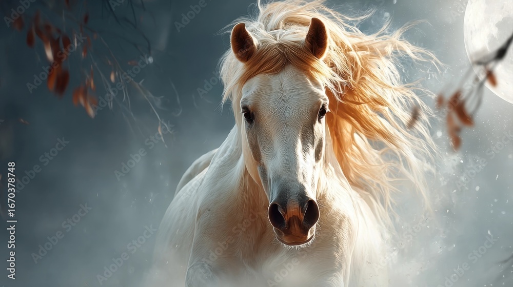 Fototapeta premium A majestic white horse with flowing mane stands out against a misty, ethereal forest backdrop under a glowing full moon.
