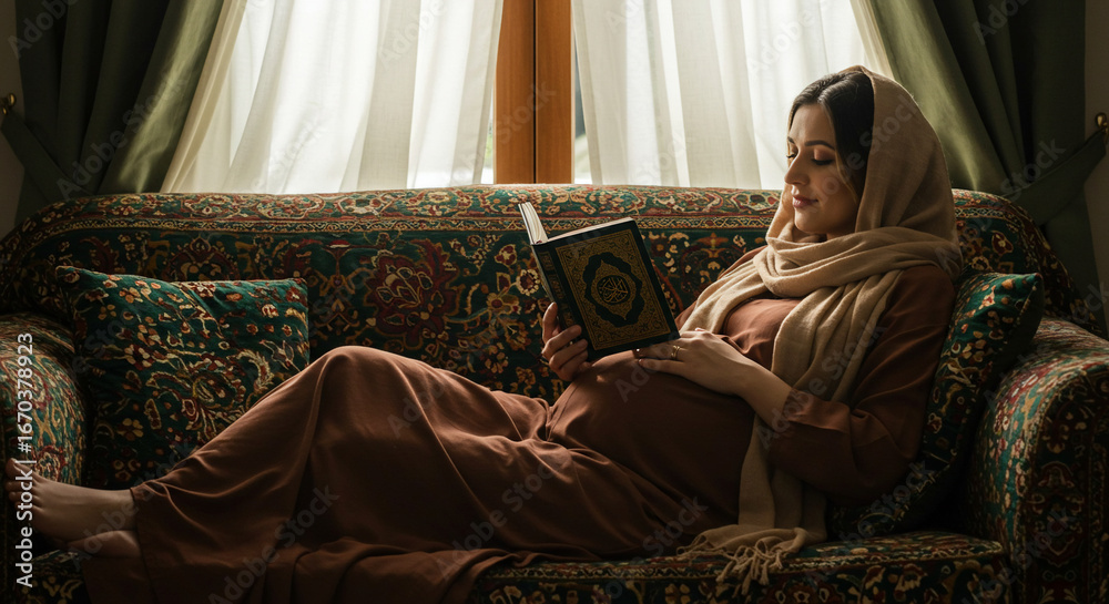 Fototapeta premium Pregnant Muslim woman wearing a hijab rests on a sofa, gently touching her belly while reading a book.