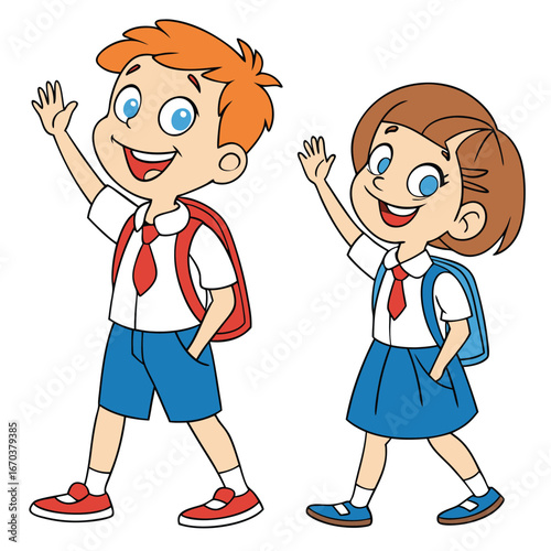 Two smiling children, a boy and a girl, who appear to be students. They are wearing school uniforms with white shirts, red ties, blue shorts/skirt, and carrying backpacks. They are both waving.
