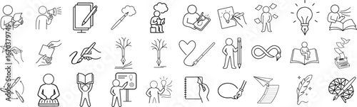 Creativity and Writing Stroke Icon Collection. Containing Pen, Paper, Book, Idea, Art, Storytelling, and More.