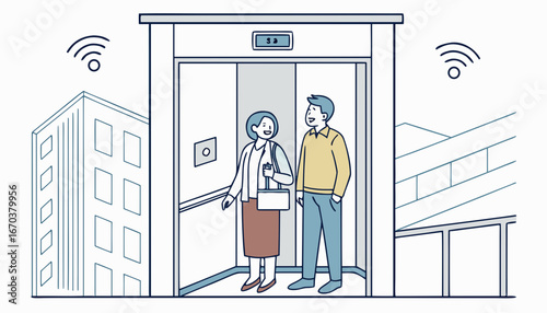 Positive people standing on elevator cab. Men and woman standing inside lift cabin with open doors. Vector illustration for architecture, transportation, technology concept 