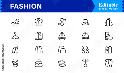 Elegant Fashion line icon set with modern minimal design, professional vector style, unique outline collection for contemporary apparel, style, and trend concepts, premium quality graphics
