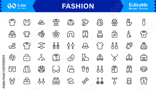 Elegant Fashion line icon set with modern minimal design, professional vector style, unique outline collection for contemporary apparel, style, and trend concepts, premium quality graphics