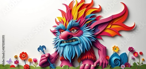 Vibrant paper cut giant troll, whimsical, layered design, colorful, fantasy, colorful, magic