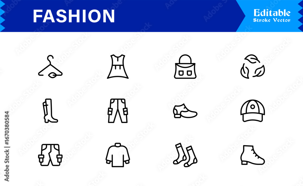 Obraz premium Elegant Fashion line icon set with modern minimal design, professional vector style, unique outline collection for contemporary apparel, style, and trend concepts, premium quality graphics