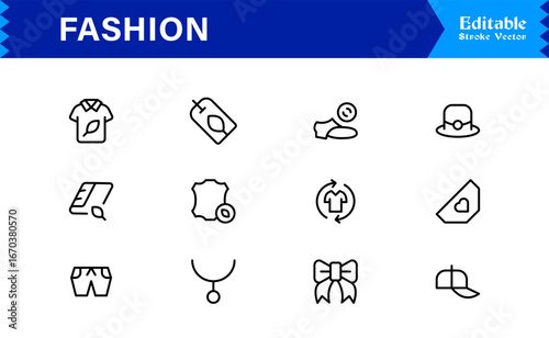 Elegant Fashion line icon set with modern minimal design, professional vector style, unique outline collection for contemporary apparel, style, and trend concepts, premium quality graphics