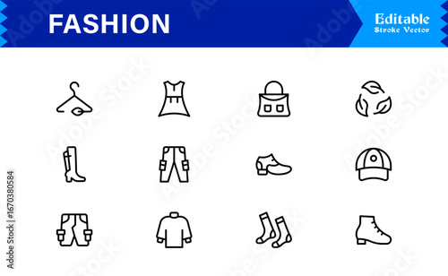 Elegant Fashion line icon set with modern minimal design, professional vector style, unique outline collection for contemporary apparel, style, and trend concepts, premium quality graphics