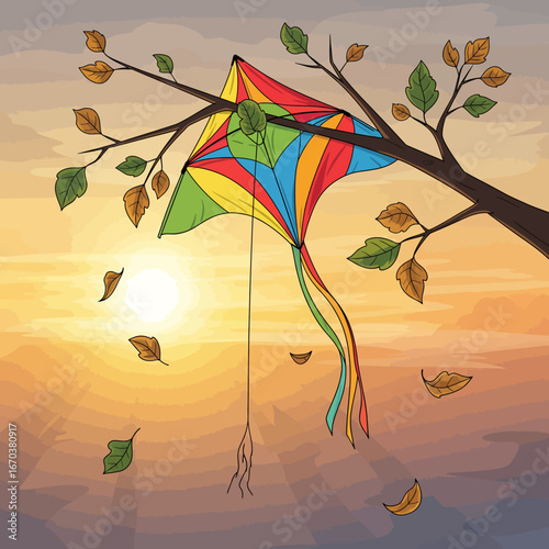 A colorful kite rests entangled in a tree branch during a serene autumn sunset.