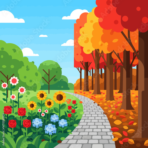 A winding stone path separates vibrant summer and autumnal landscapes, showcasing seasonal floral and foliage changes.