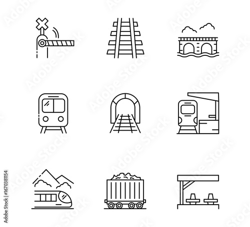 Set of Train infrastructure icon, railway, track Symbol Outline icon, Editable Stroke