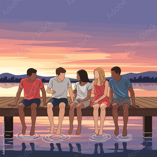 Five diverse friends enjoying a sunset conversation on a lakeside dock.