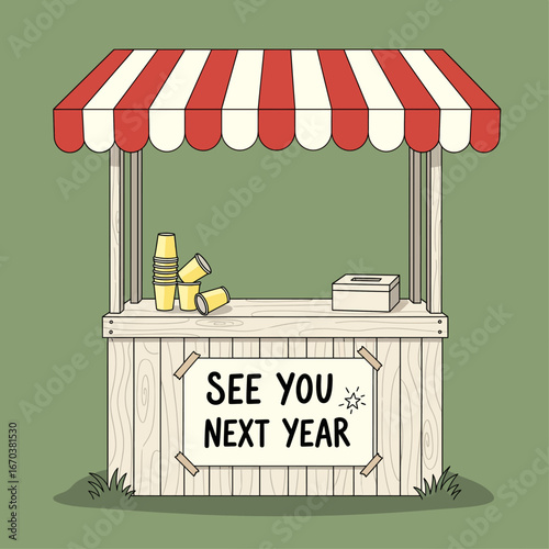 A closed seasonal wooden kiosk with a striped awning displays a "See You Next Year" sign.
