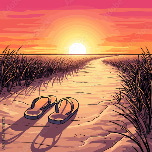 A serene beach path leads towards a vibrant sunset, with flip-flops resting in the sand.