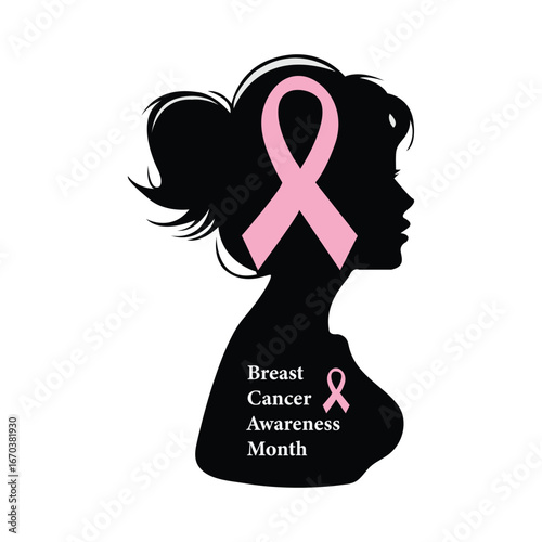 Breast Cancer Awareness Month. Banner illustration. Cancer support and fight, woman portrait silhouette. Black woman wearing a pink cancer ribbon.