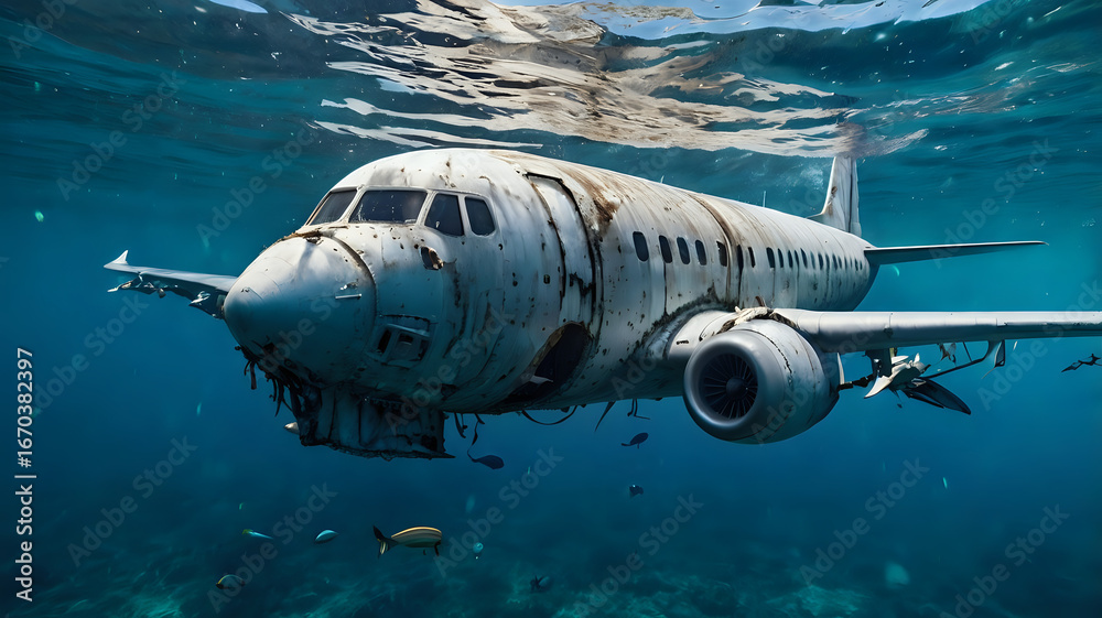 Fototapeta premium Airplane Sinking Underwater in Clear Blue Ocean Water, a Surreal Concept