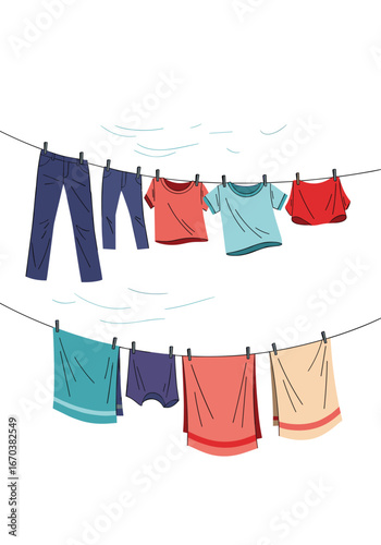 Various clothing items hanging on a clothesline drying outdoors