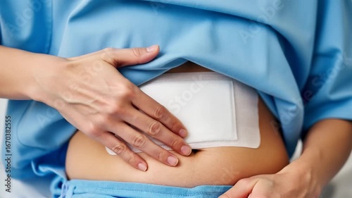 Medical Patient with Bandage Touching Abdomen in a Clinical Environment