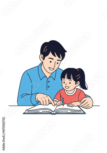 Father and daughter engaged in a learning activity together
