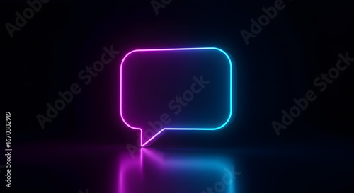Glowing Neon Speech Bubble in Dark Room with Reflection