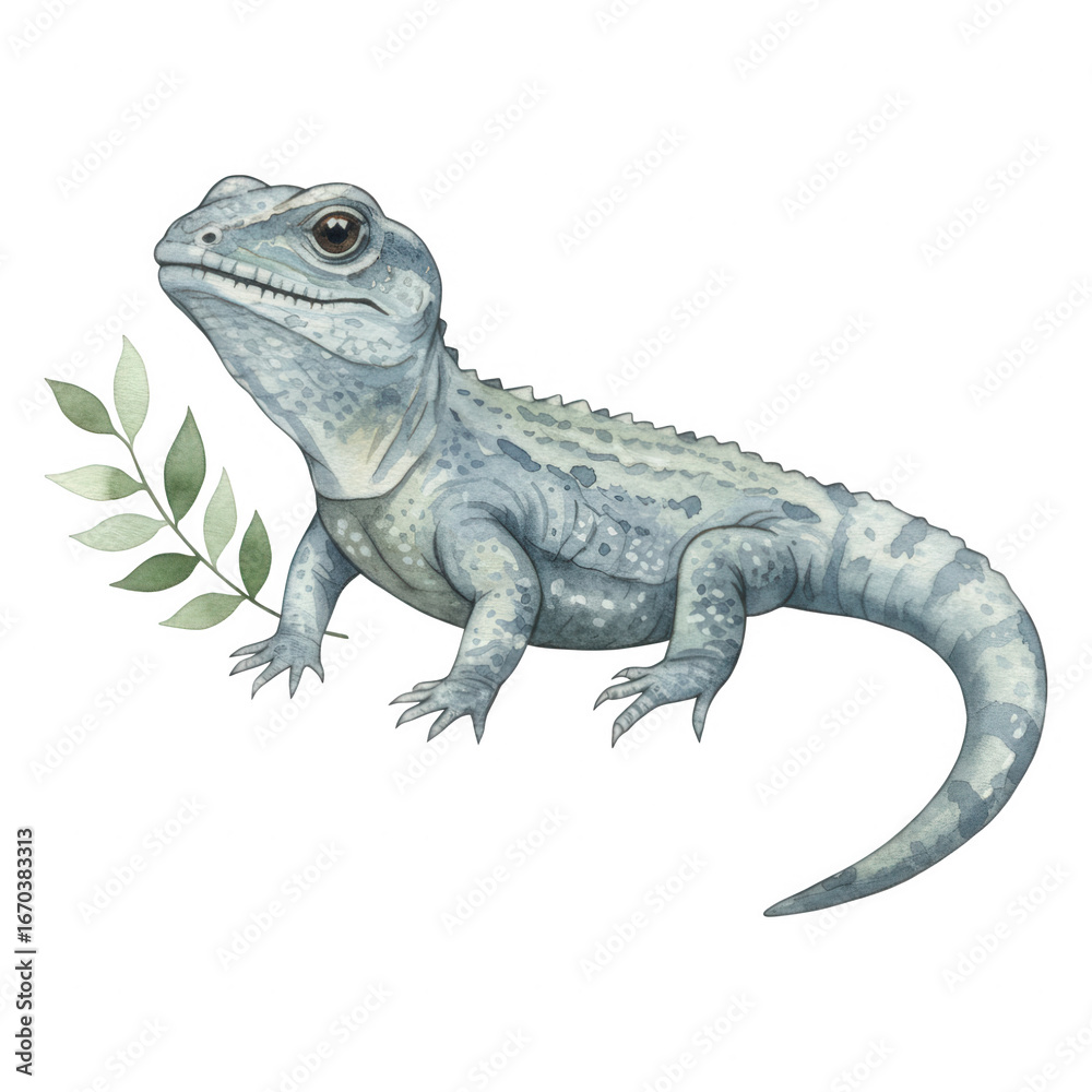 Fototapeta premium Watercolor illustration of a grey lizard with green leaves isolate Reptile