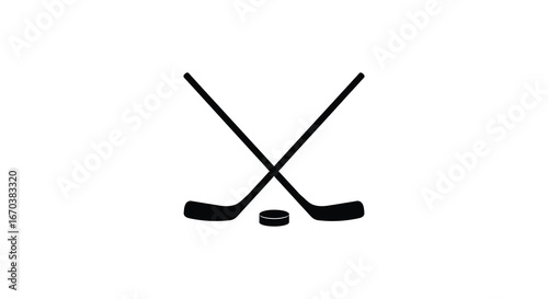 Hockey sticks crossed over puck in simple black silhouette graphic design element