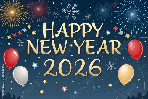Happy New Year 2026 with Fireworks and Colorful Balloons