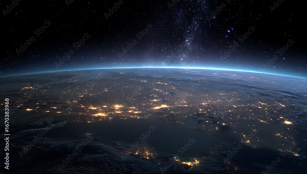 Fototapeta premium Earth City Lights From Space At Night With Stars And Milky Way image photo