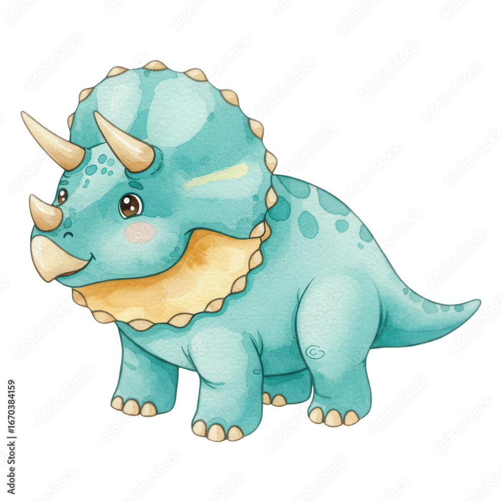 Obraz premium Cute watercolor triceratops dinosaur teal three horns frill friendly expression transparent background