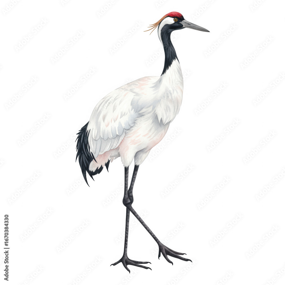 Obraz premium Elegant red crowned crane with black and white plumage and long legs bird transparent background