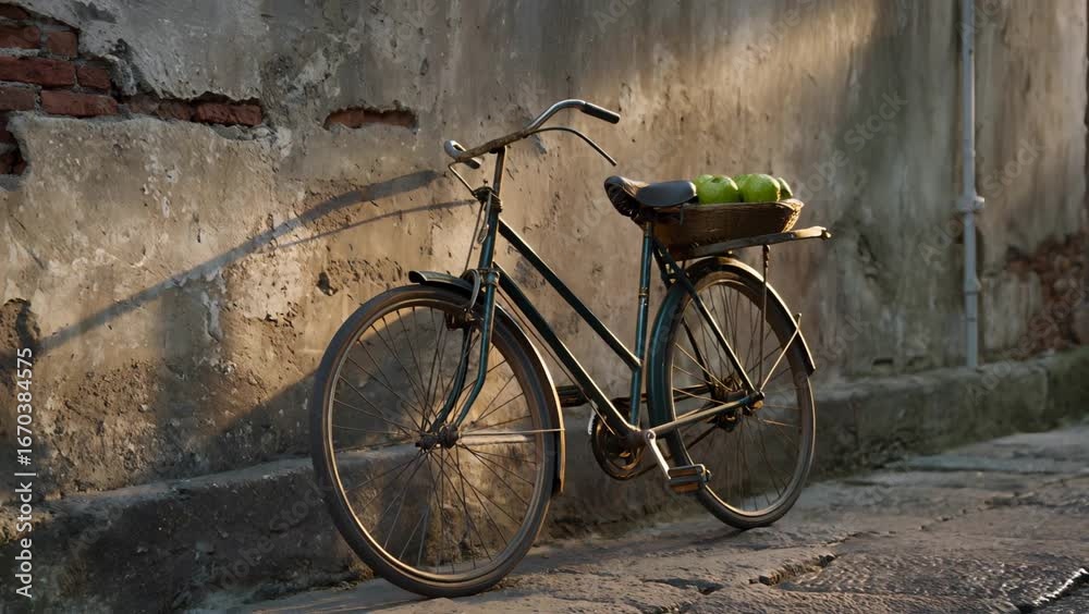 A Still Life of an Old Bicycle and Vegetables.
A Still Life of an Old Bicycle and Vegetables.