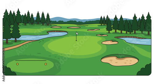 A serene golf course with sand traps and water hazards in a natural landscape