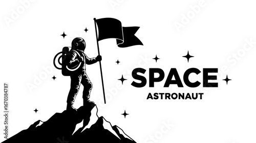 Space Astronaut Reaching the Top of Mountain with Flag | Vector Silhouette for Branding, Logos, Stickers and Print Designs
