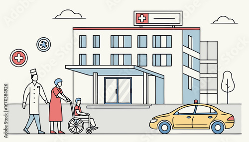 Patients, nurse, visitors and taxi in front of hospital. Wheelchair, baby, car flat vector illustration. Building exterior and medicine concept for banner, website design or landing web page